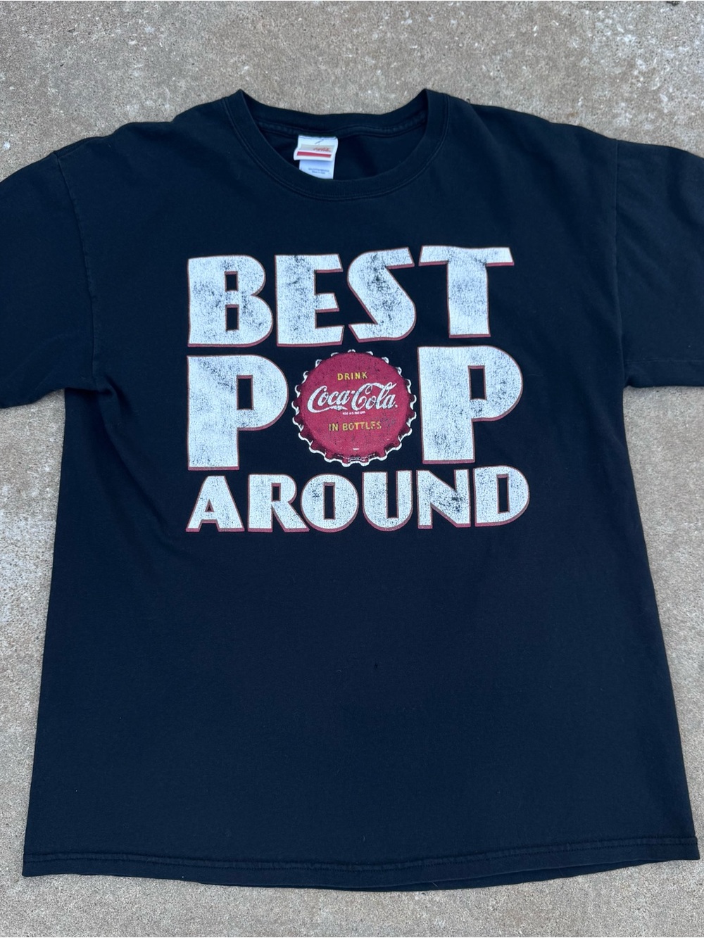 Coca Cola Black Tee with White Block Text and Red Bottle Cap Graphic